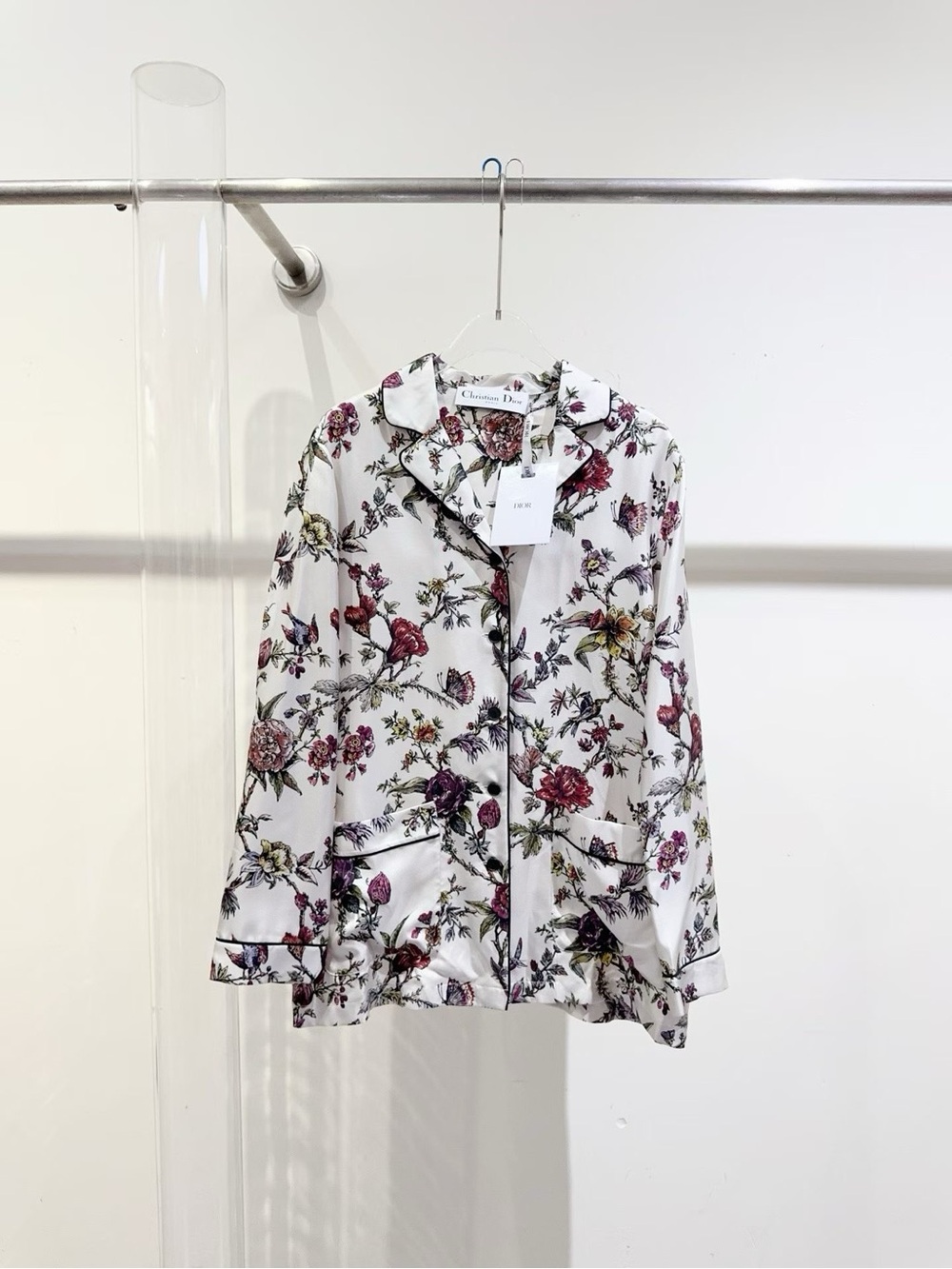 Dior White Floral Button-Down Shirt with Pink & Green Bouquet Print